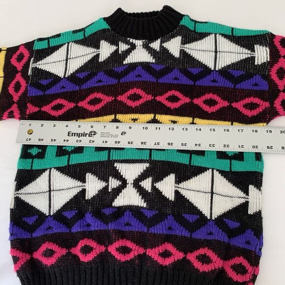 VTG 90s Rosanna Sweater Girls L Black Colorful Geometric Knit Mock Retro Funky - Picture 6 of 8